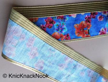 Blue And Gold Fabric Trim With Pink, Orange And Blue Floral Design Embellished With Diamantes, Digital Print Trim Border - 200317L403
